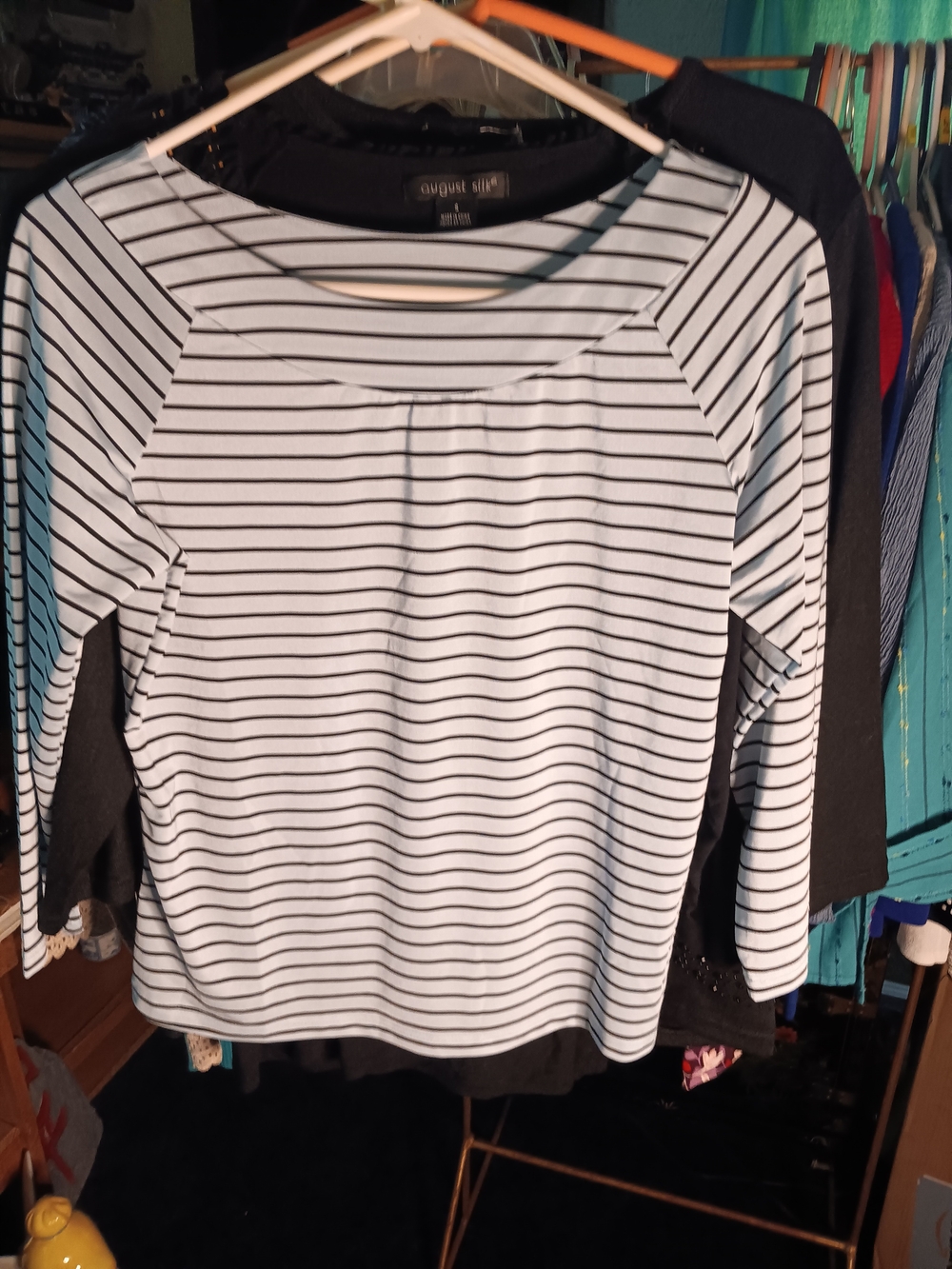 I.N. San Francisco White and Black Stripe Long-Sleeve Scoop Neck Top